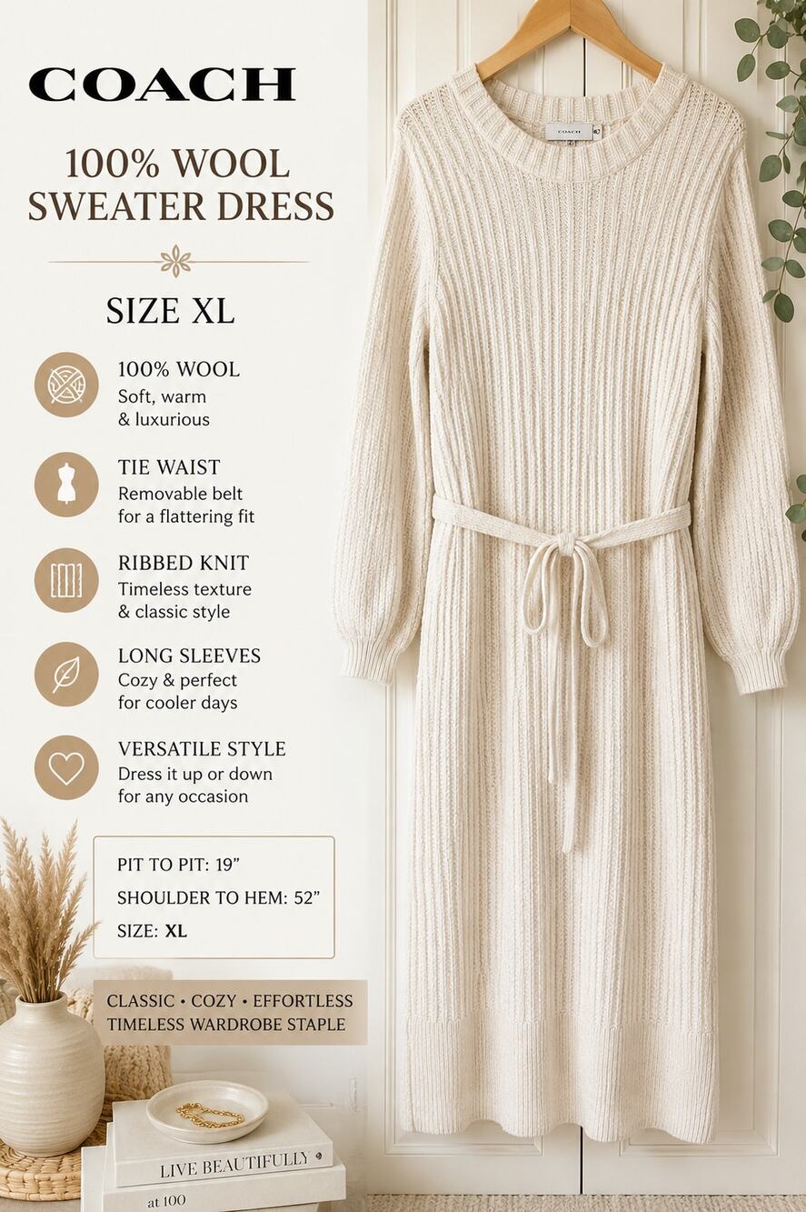 Coach 100% Wool Ivory Ribbed Sweater Dress Tie Waist Long Sleeve XL